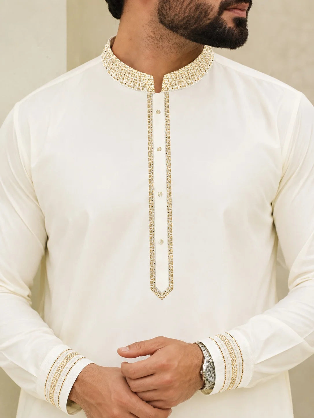 Men’s Geometric Border Embroidered Premium Boski Unstitched
