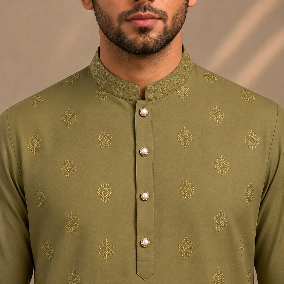 Men’s Olive Green Embroidered Geometric Motif Wash & Wear Unstitched