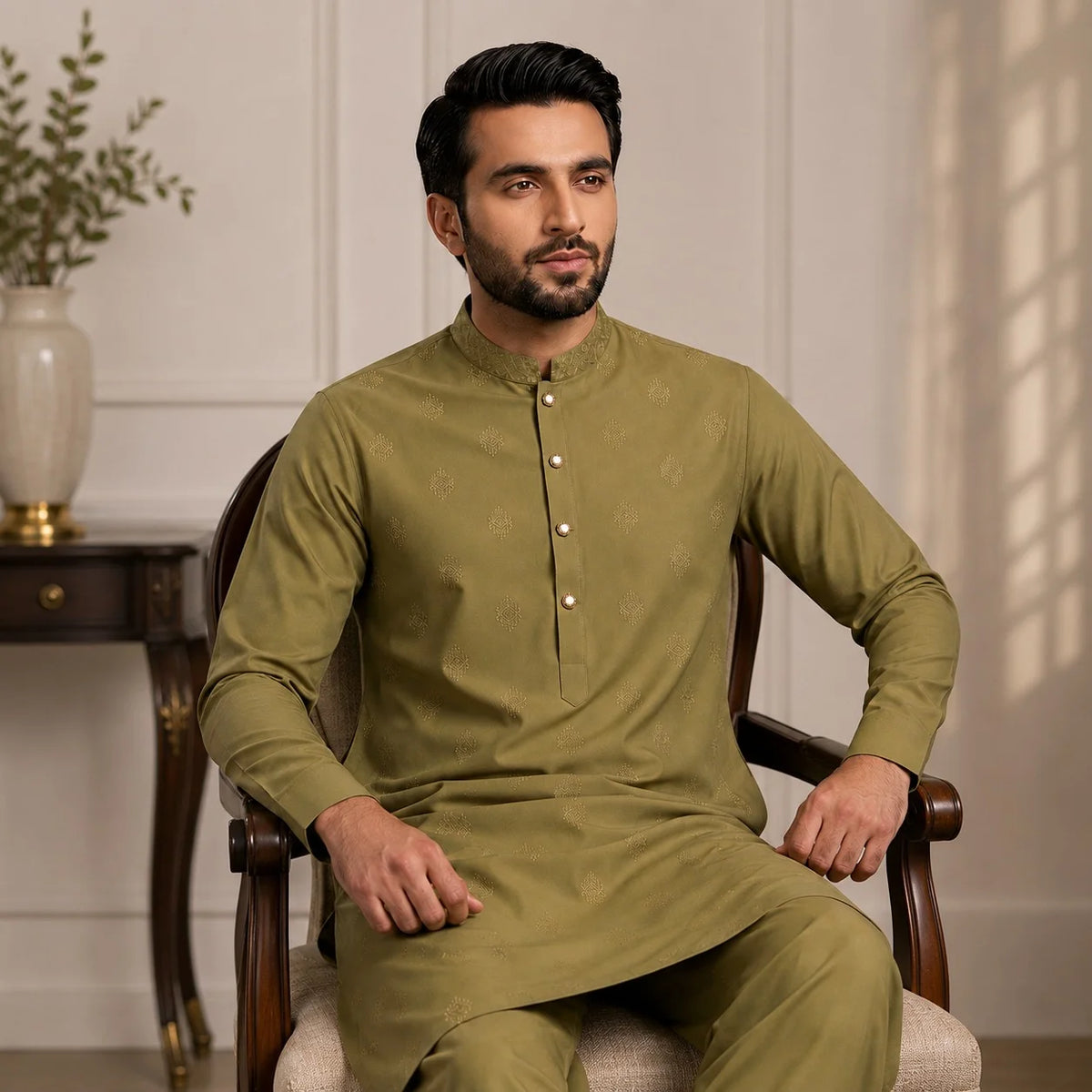 Men’s Olive Green Embroidered Geometric Motif Wash & Wear Unstitched