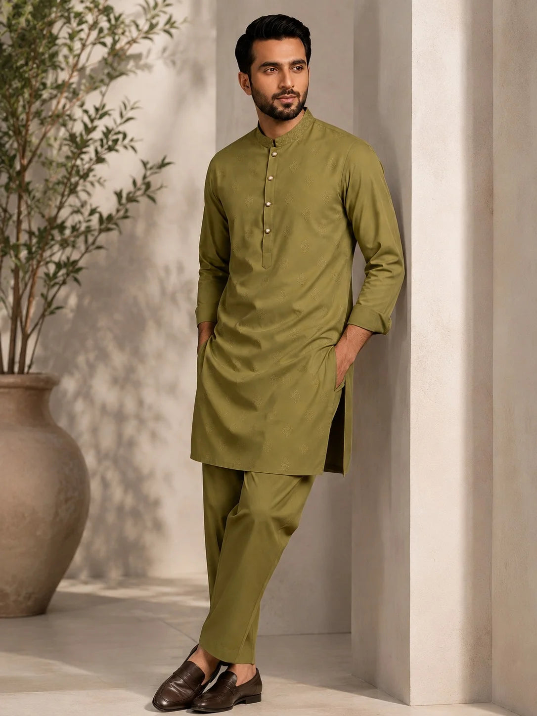 Men’s Olive Green Embroidered Geometric Motif Wash & Wear Unstitched