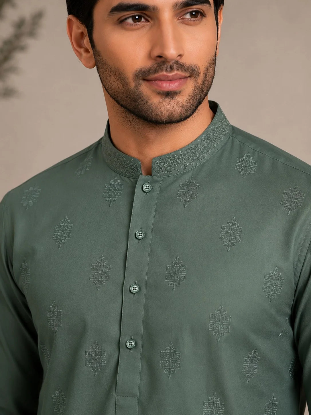Men’s Sage Green Embroidered Diamond Motif Wash & Wear Unstitched