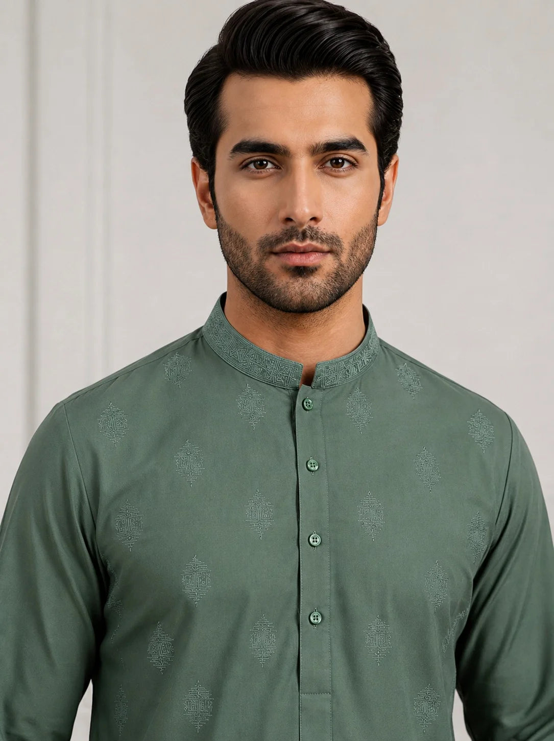 Men’s Sage Green Embroidered Diamond Motif Wash & Wear Unstitched