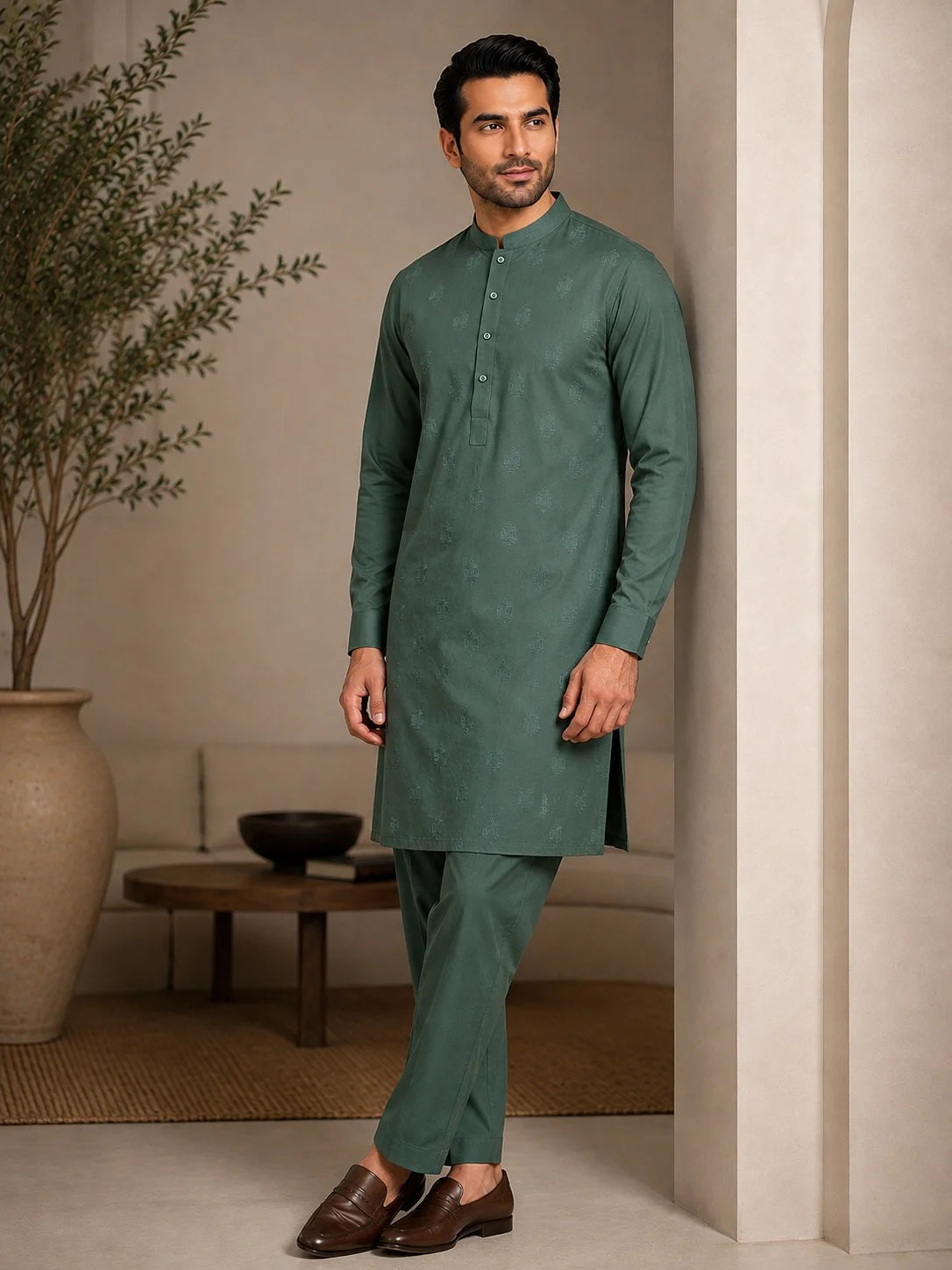 Men’s Sage Green Embroidered Diamond Motif Wash & Wear Unstitched