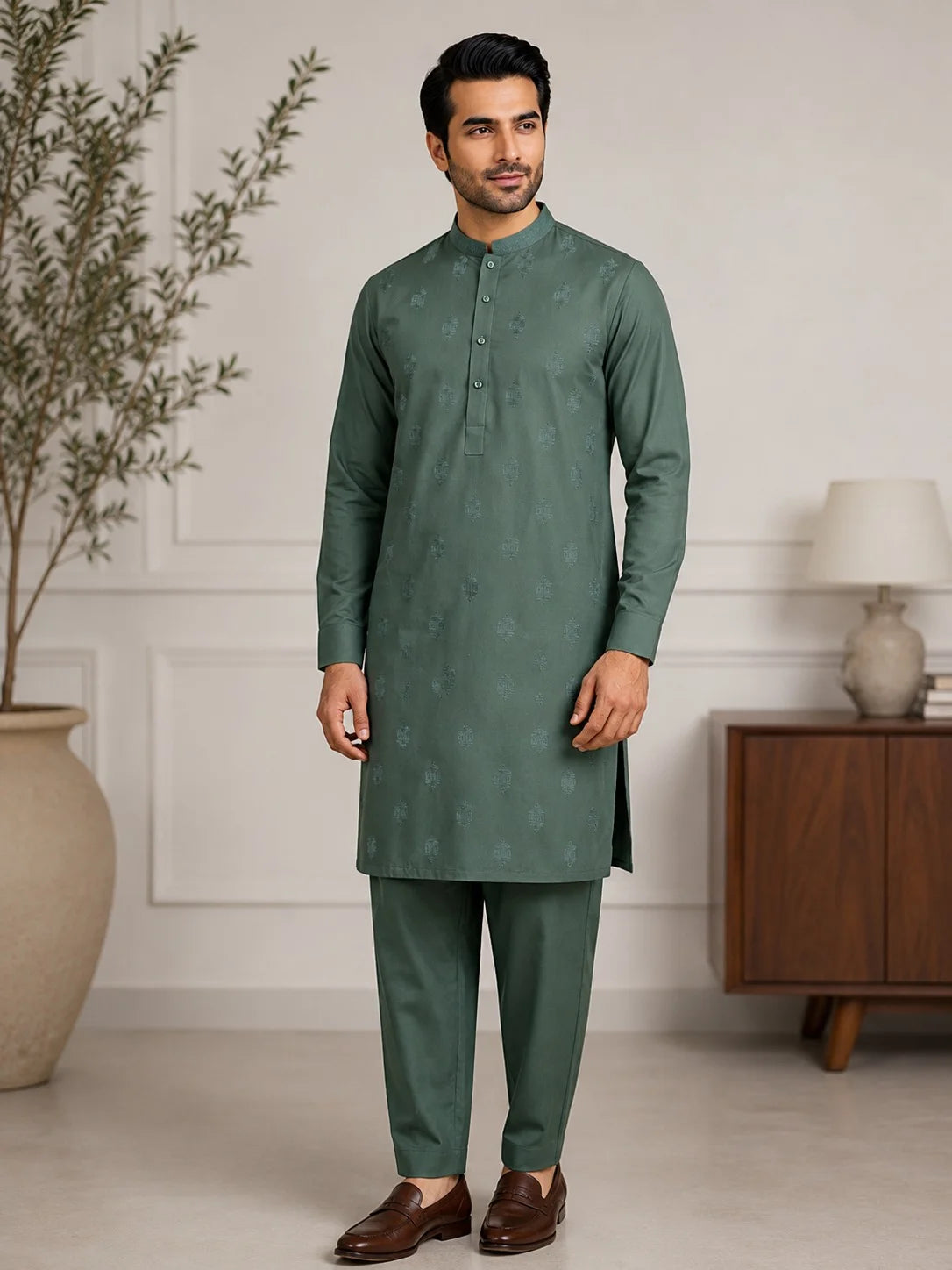 Men’s Sage Green Embroidered Diamond Motif Wash & Wear Unstitched