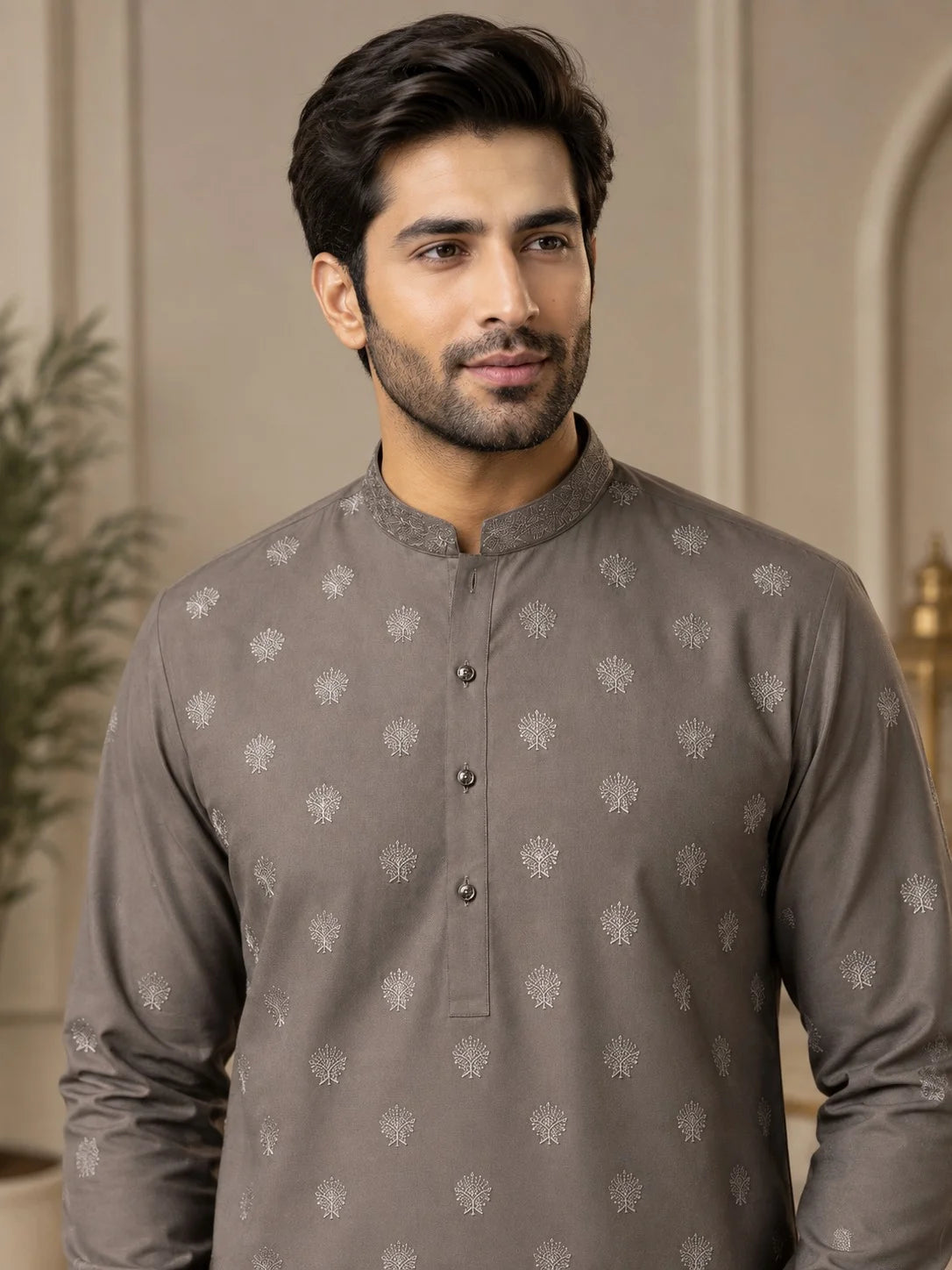 Men’s Taupe Grey Embroidered Floral Spray Wash & Wear Unstitched
