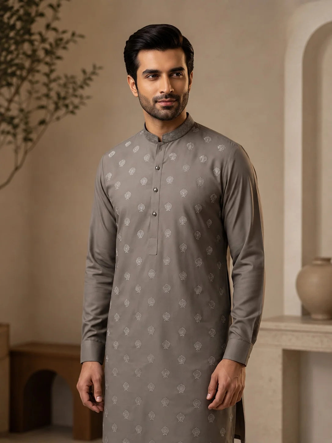 Men’s Taupe Grey Embroidered Floral Spray Wash & Wear Unstitched