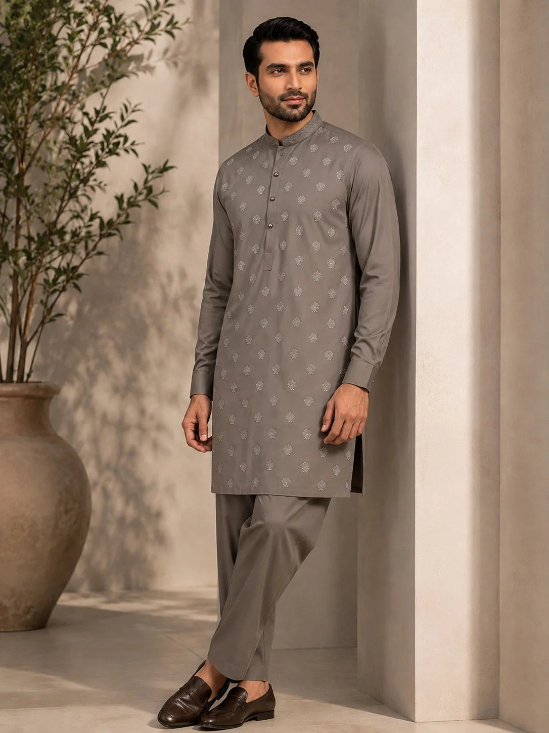 Men’s Taupe Grey Embroidered Floral Spray Wash & Wear Unstitched