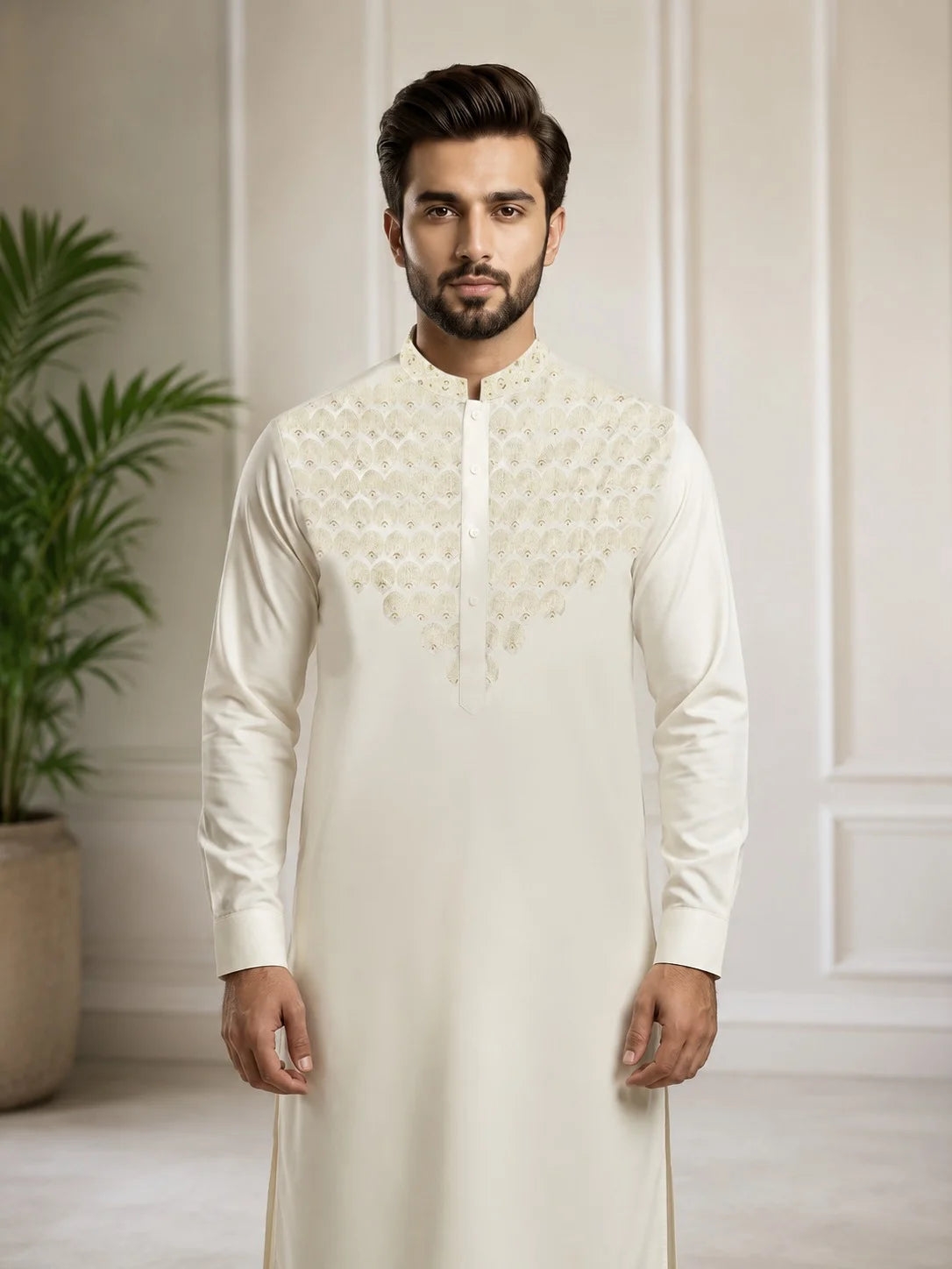Men’s Soft Ivory Scalloped Yoke Embroidered Premium Boski Unstitched