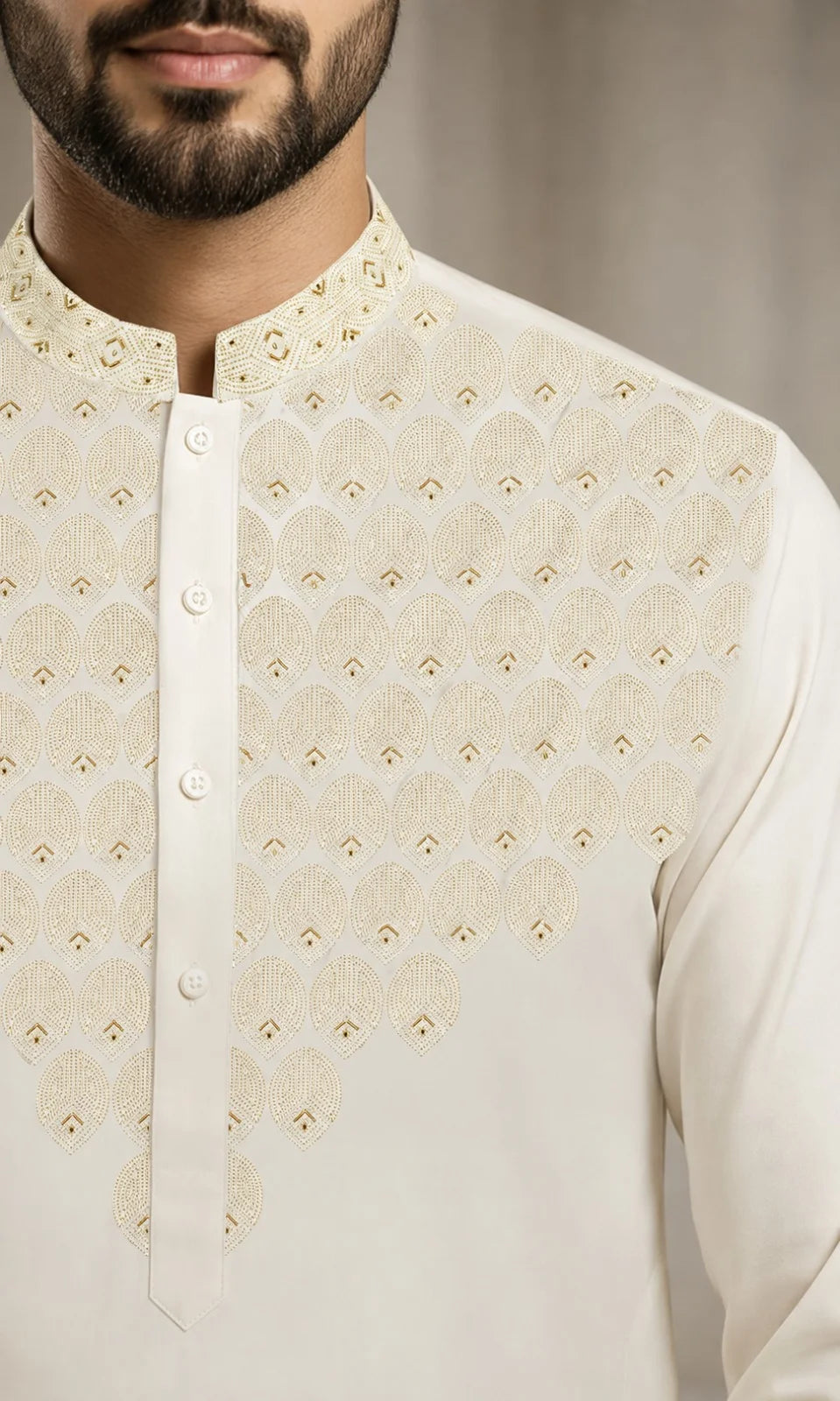 Men’s Soft Ivory Scalloped Yoke Embroidered Premium Boski Unstitched